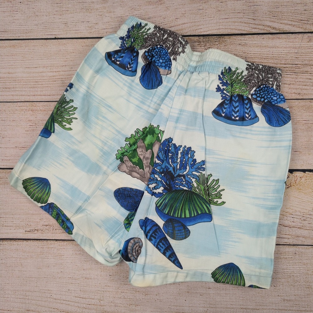 Vintage 60s 70s Pomare Hawaii Sea Life Coral Seashell Cotton swim Shorts Blue S - Picture 3 of 6